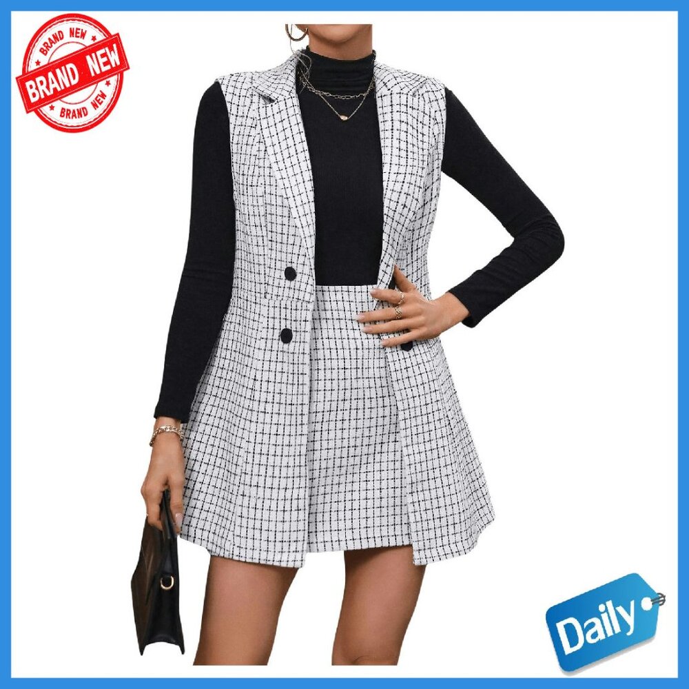Women's Plaid Vest Blazer Skirt Set Workwear Office Business Casual